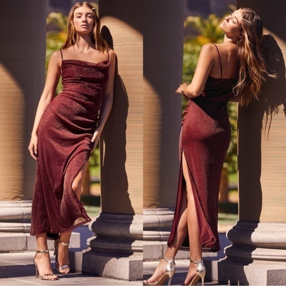 Lulus - Gold and Burgundy Cowl Neck Dress - Small